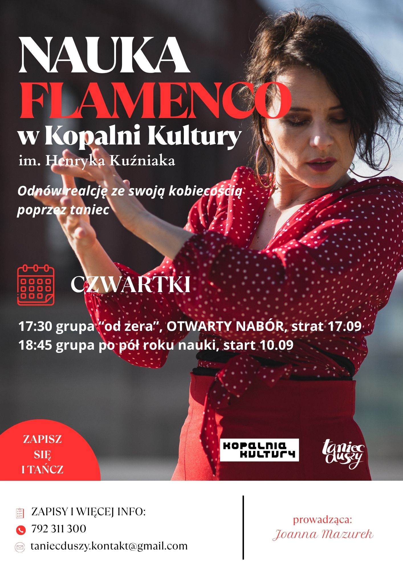 plakat przedstawiający Joannę Mazurek instruktorkę flamenco promujący jej zajęcia w Kopalni Kultury im. Henryka Kuźniaka